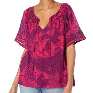 Lucky Brand Blouse Woman Medium Burgundy Tropical Leaves Pleasant Short Sleeve C